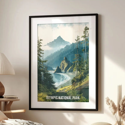 Hoh Rainforest mossy evergreens wall art piece, black frame with a white mat, centered above a lounge chair to bring cool, shaded greens into a relaxed family room.