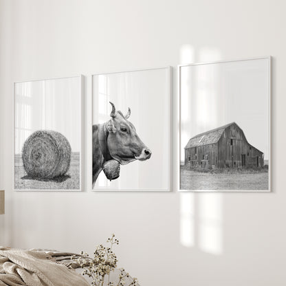 Farmhouse Art Set of 3. Vintage Barn, Cow, Hay Bale Landscape