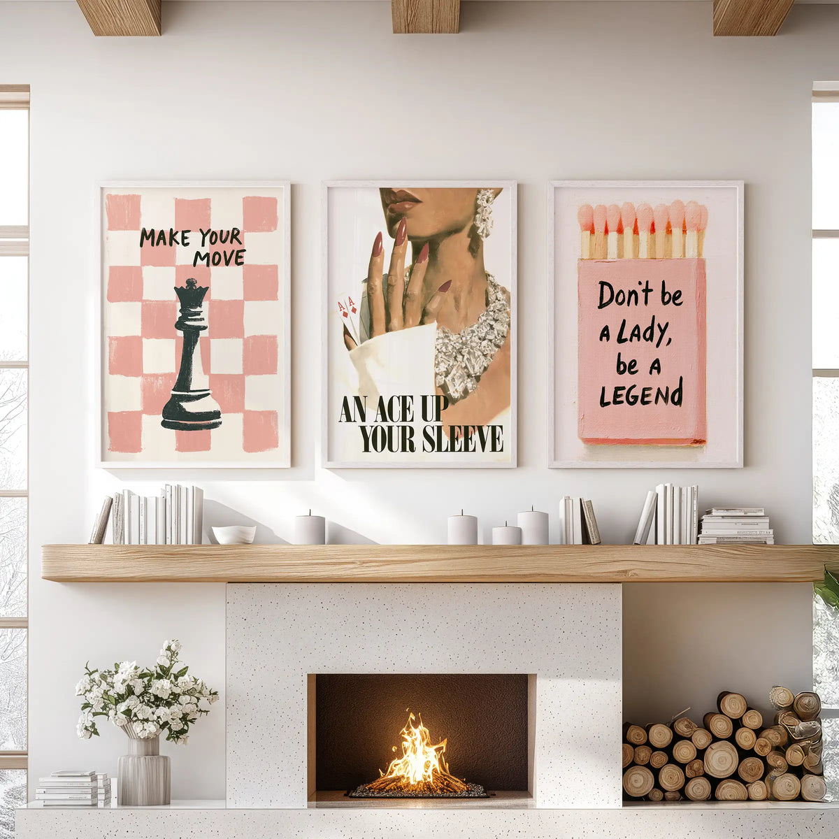 Motivational quote gallery wall of three prints in white frames, hung over the mantel in a living room.