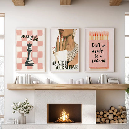 Motivational quote gallery wall of three prints in white frames, hung over the mantel in a living room.