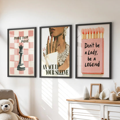 Motivational quote poster set of three in black frames, displayed above a dresser in a kids room.