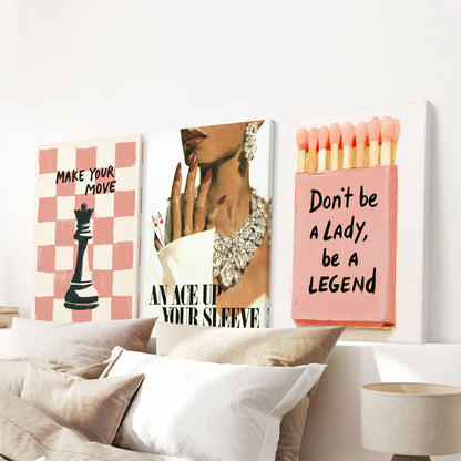 Motivational quote wall art set of three canvas prints, arranged above the bed in a bedroom.