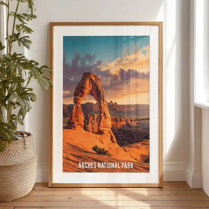 A single retro travel poster print rests on the bedroom floor against the wall, framed in black with matting for crisp, vintage appeal.