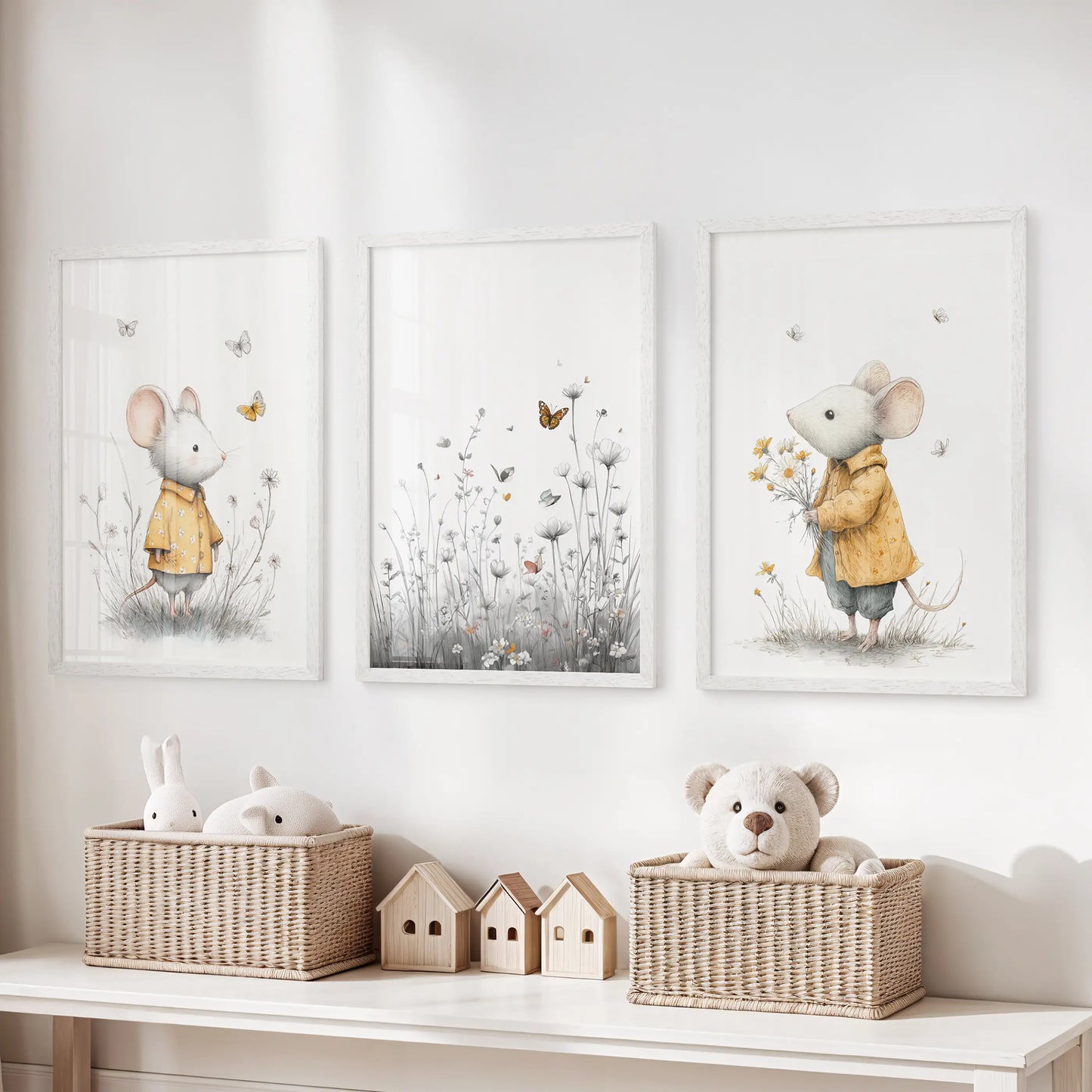 Three white-framed mouse illustration prints line the wall above the toy bench, brightening a children’s room with playful color.