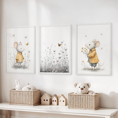 Three white-framed mouse illustration prints line the wall above the toy bench, brightening a children’s room with playful color.