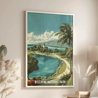 A white-framed coastal wall artwork of Florida Bay floats above a sitting-room reading chair, depicting calm turquoise water and green shoreline.