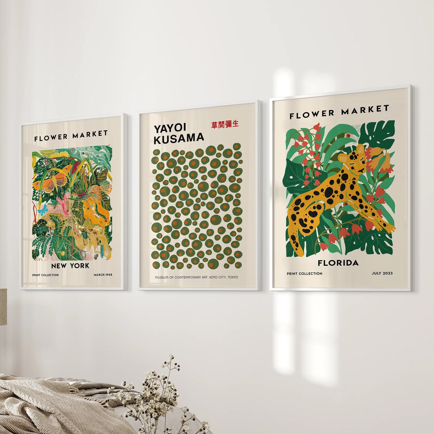 Flower Market posters, a set of three, arrive white-framed for easy hanging on the bedroom wall, freshening the space with cheerful market florals.