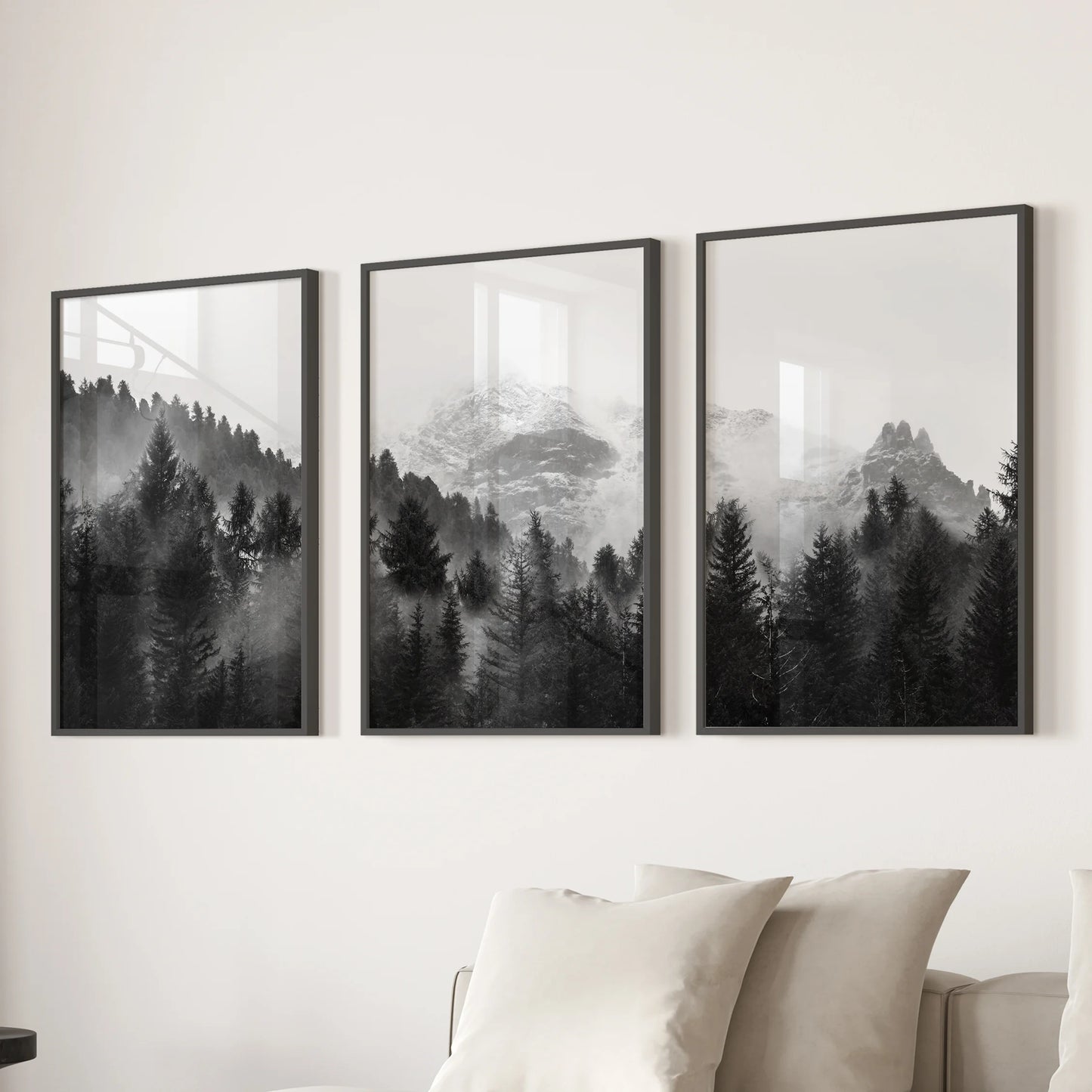 Black-and-white mountain landscape three-picture wall art set in sleek black frames, ideal for the sitting room over the sofa.