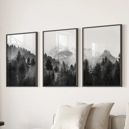 Black-and-white mountain landscape three-picture wall art set in sleek black frames, ideal for the sitting room over the sofa.