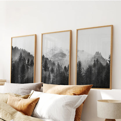 Black-and-white mountain landscape 3-piece wall decor set in solid oak frames, a grounded focal point for the bedroom above the bed.