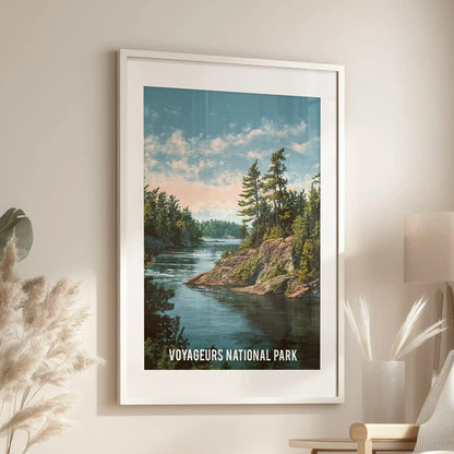A retro Minnesota travel poster design as wall art hangs over a chair in the sitting room, framed in crisp white with a neat mat border.