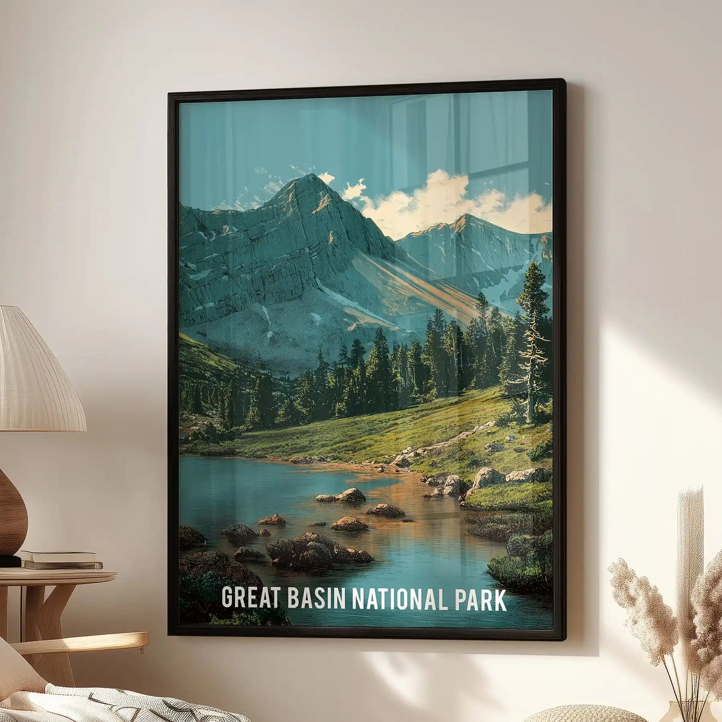 Forest lake landscape single-panel poster, framed in black and hung in the family room above the window-side chair for a calm, nature-forward wall accent.