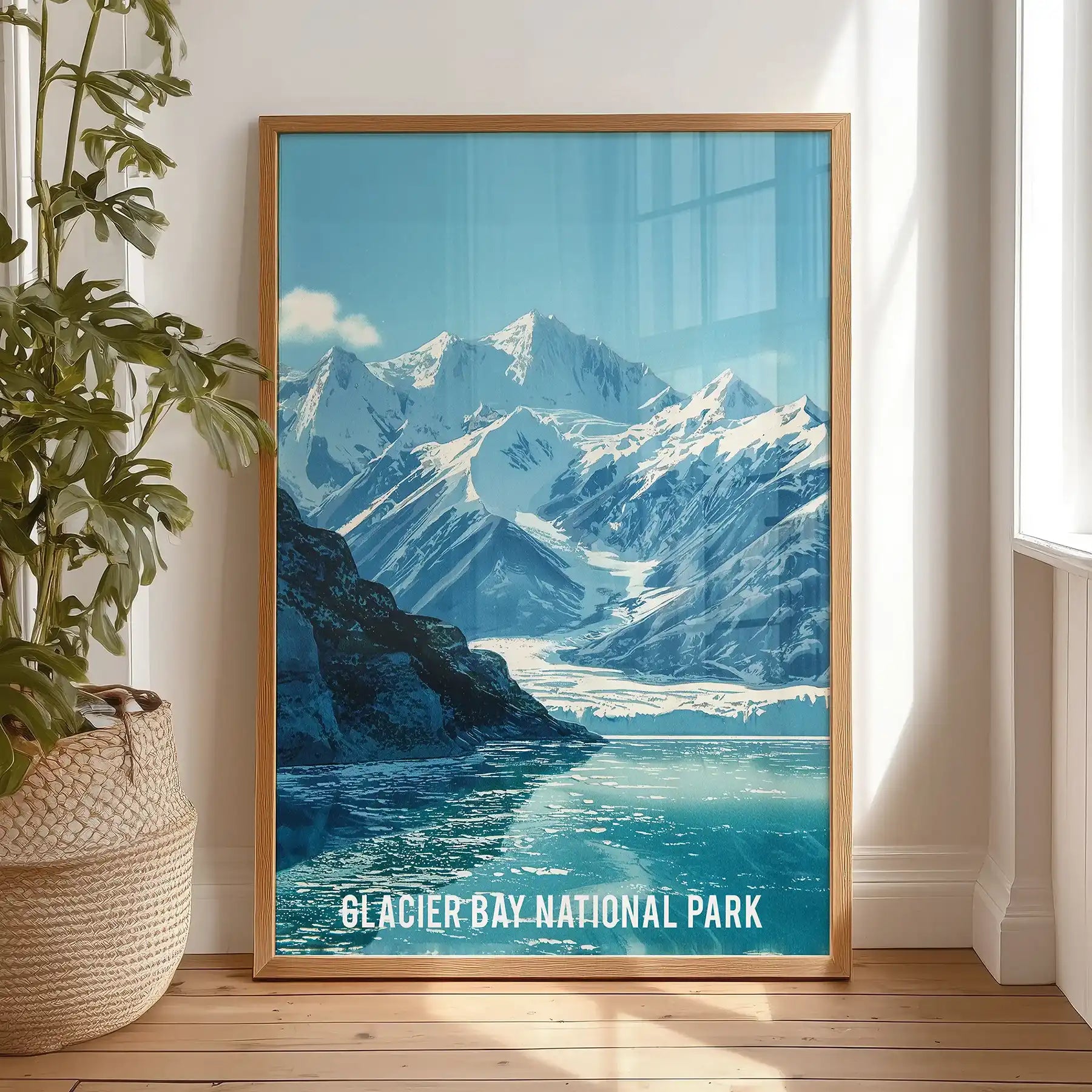 Glacier Bay National Park scene individual wall art is propped against the bedroom wall in a natural oak frame, lending quiet, wintry stillness.