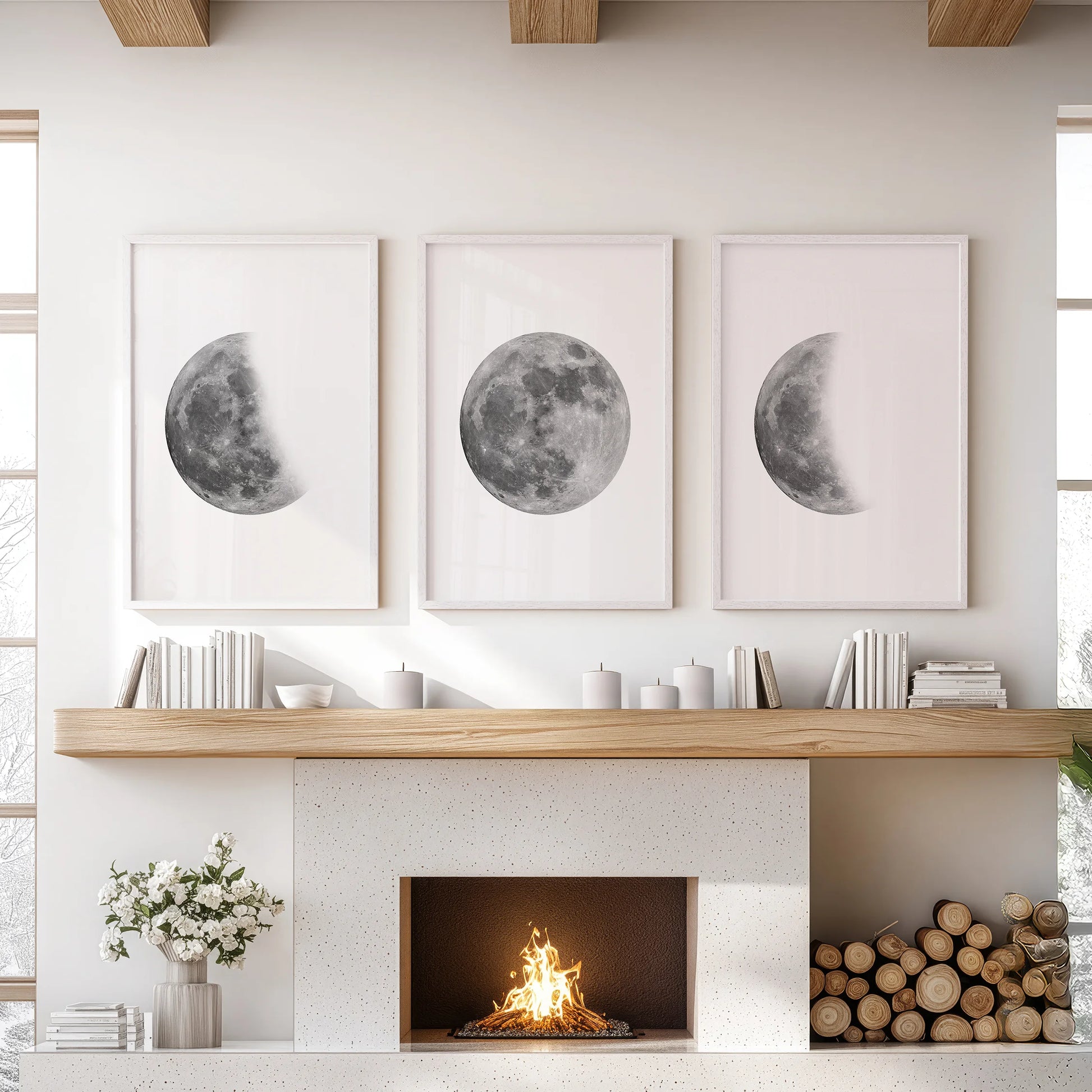 A trio of full and half moon pictures in crisp white frames crowns the mantel, bringing a tidy modern celestial note to the lounge.