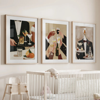 Goose bartender wall art in a 3-piece set, hung above the nursery crib in natural wood frames with mats.