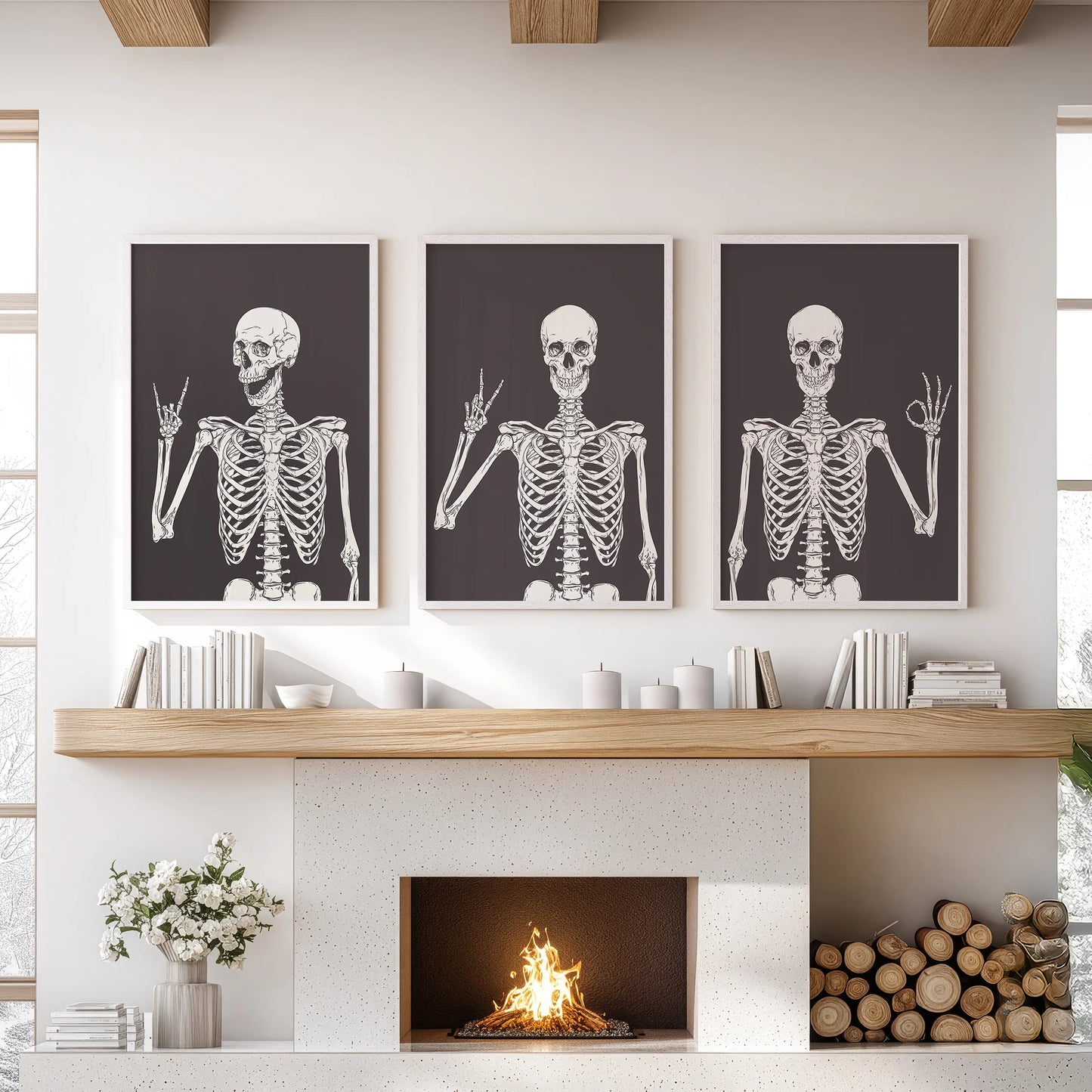 Funny skeletons in a poster set of 3 come white framed, creating lively wall art in the sitting room above the fireplace.