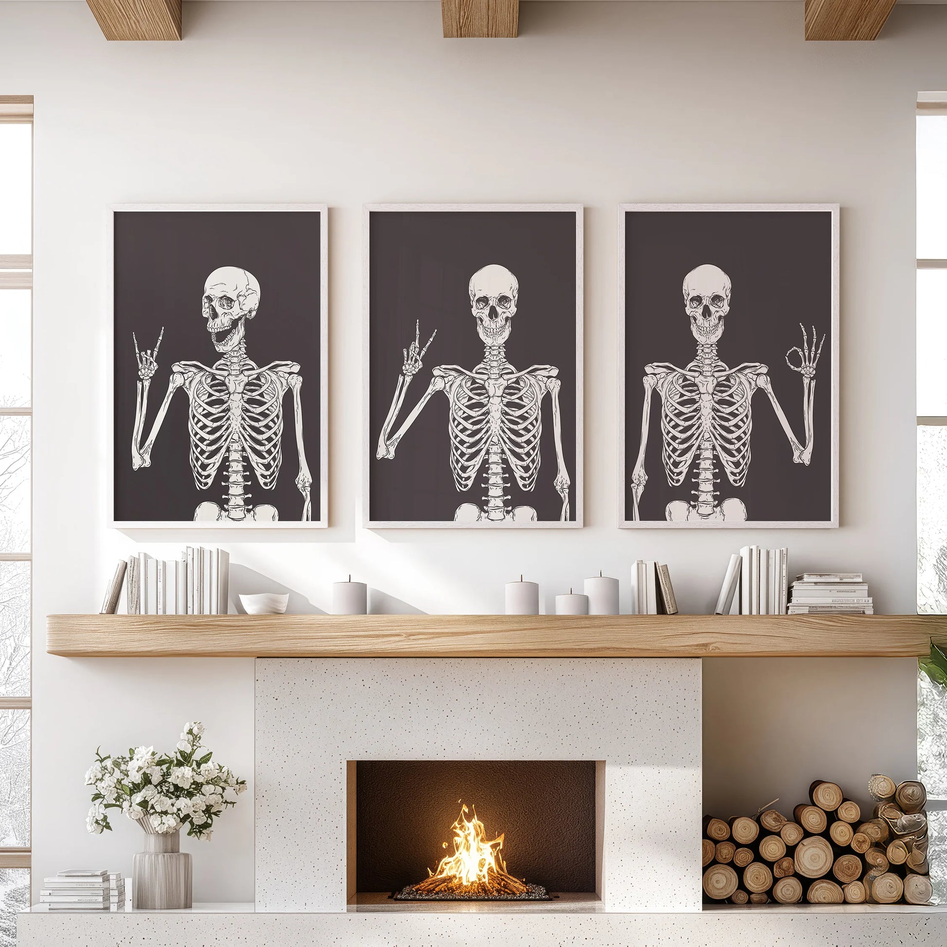 Funny skeletons in a poster set of 3 come white framed, creating lively wall art in the sitting room above the fireplace.