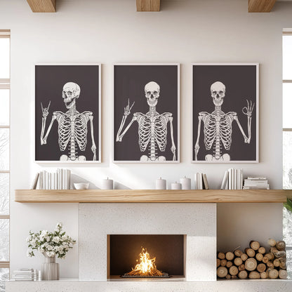 Funny skeletons in a poster set of 3 come white framed, creating lively wall art in the sitting room above the fireplace.