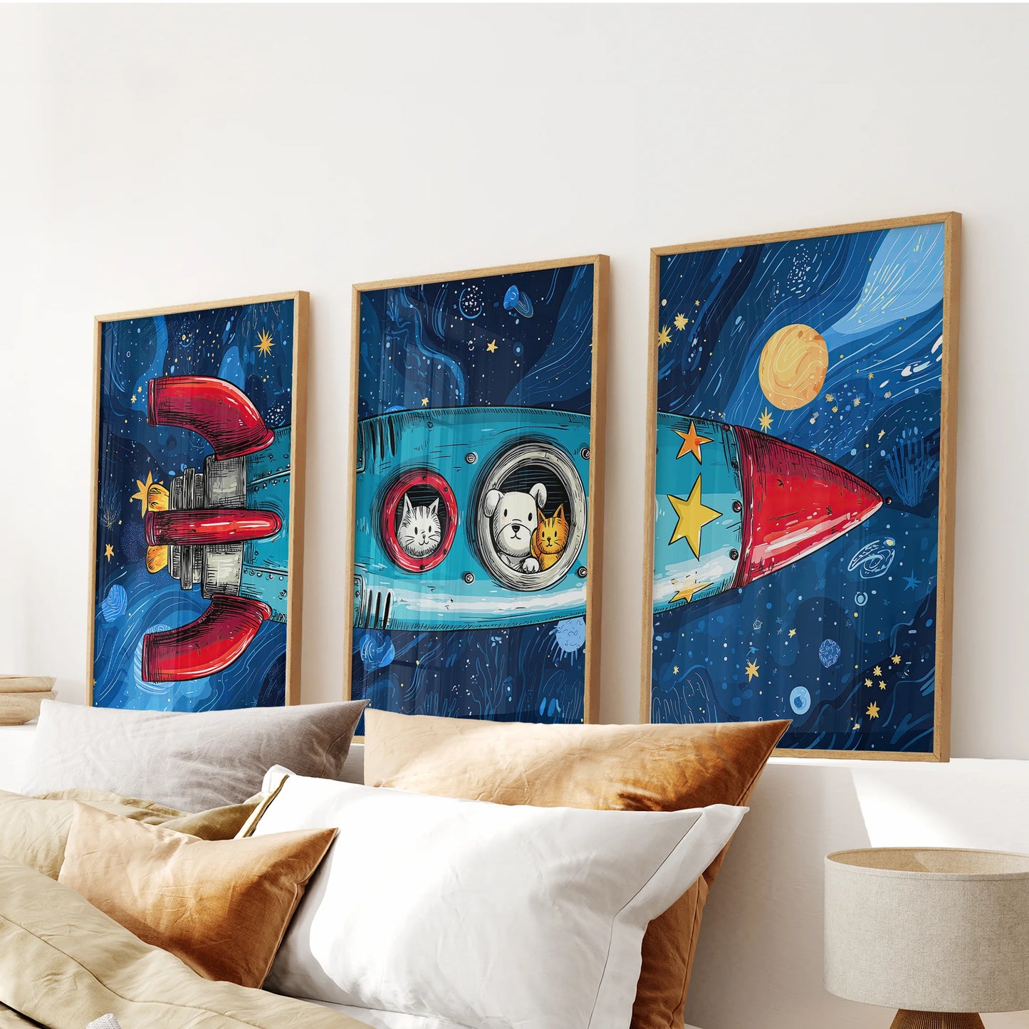 Rocket ship 3-piece wall art hangs above the headboard, set in warm natural oak frames to soften the bedroom.
