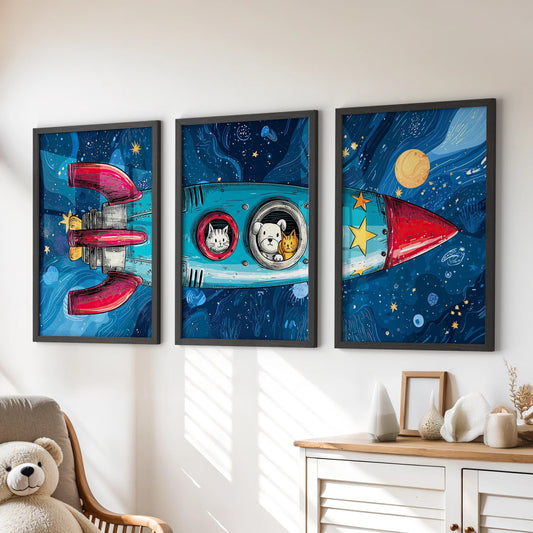 Three framed outer space prints of planets and stars brighten a child’s room, neatly arranged above the dresser in crisp black frames.