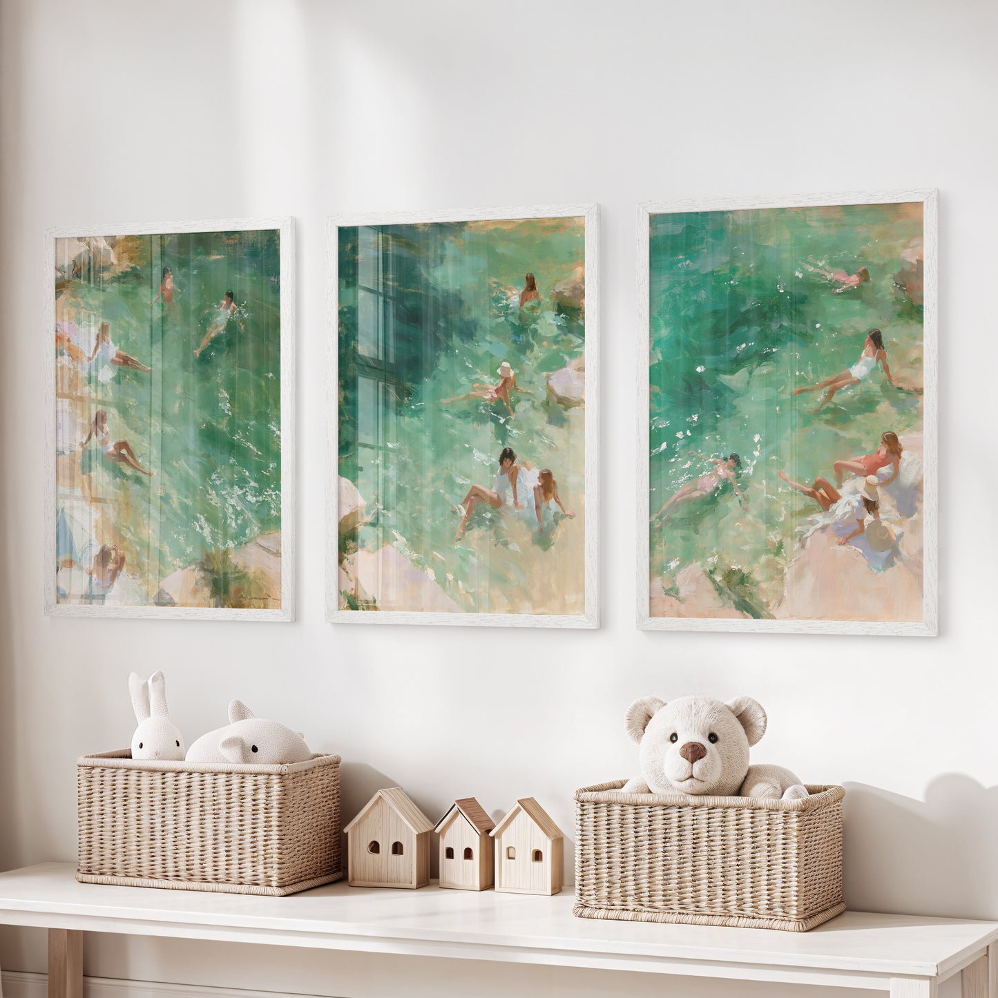 Mediterranean Beach Set of 3 Prints. Ocean Swimmer Wall Art