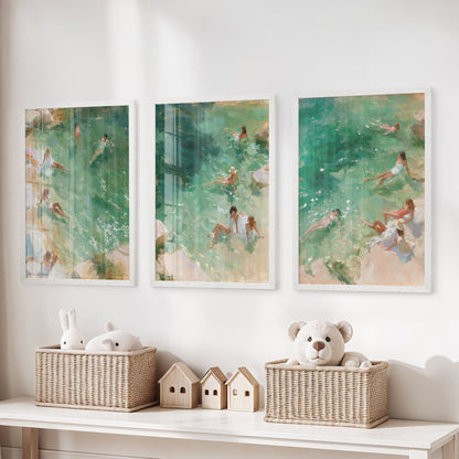 Mediterranean Beach Set of 3 Prints. Ocean Swimmer Wall Art