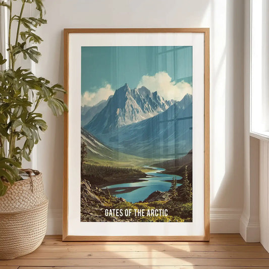 Single-panel print of Gates of the Arctic National Park, framed in black with a mat, leans against the bedroom wall by the window as a crisp focal piece.