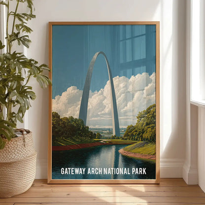 USA landmark Gateway Arch one-piece wall print framed in solid oak, casually leaned on the bedroom floor to add warm, gallery-style presence.