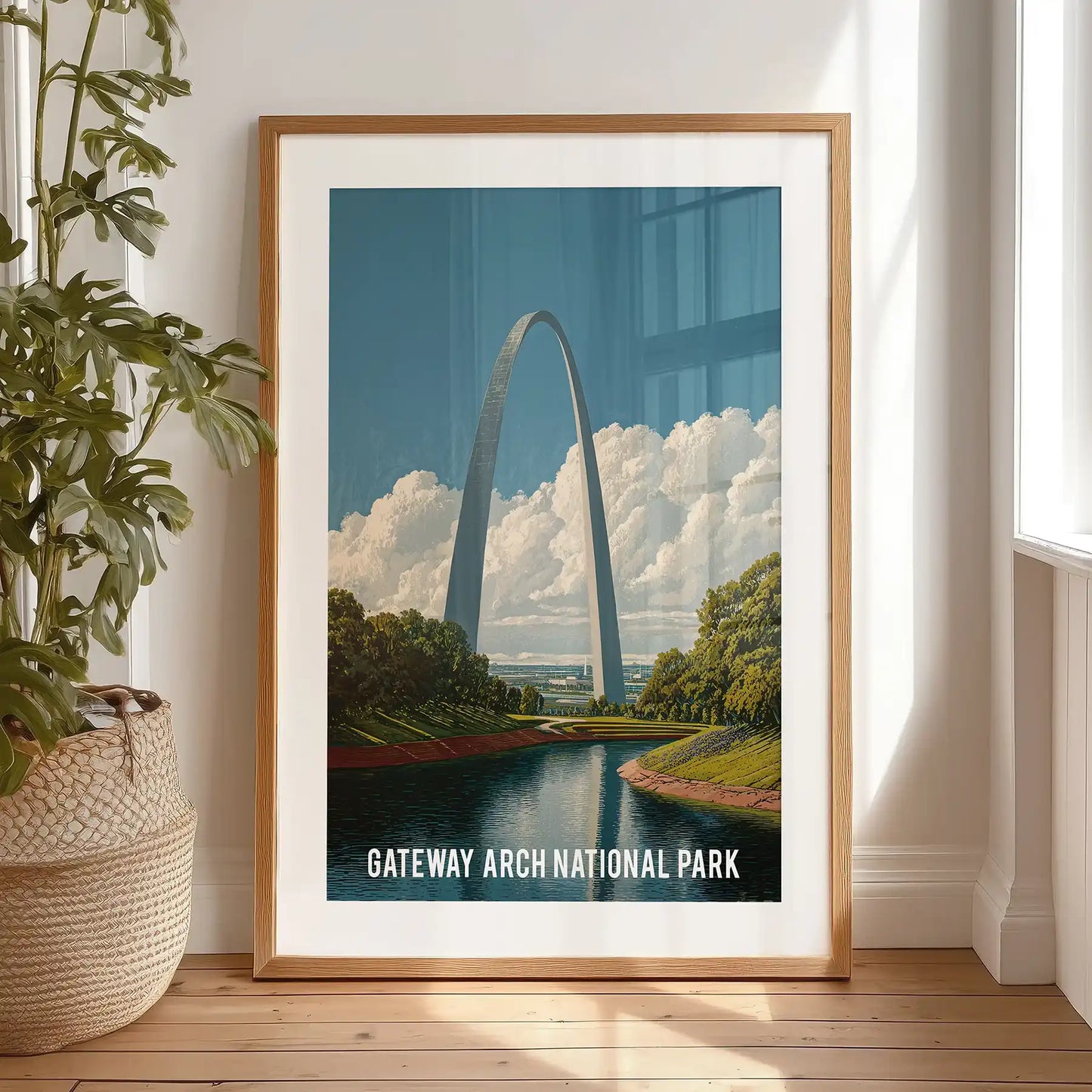 Gateway Arch National Park print wall art with a black mat frame suits a relaxed bedroom vibe, placed on the floor for an easy, lived-in display.