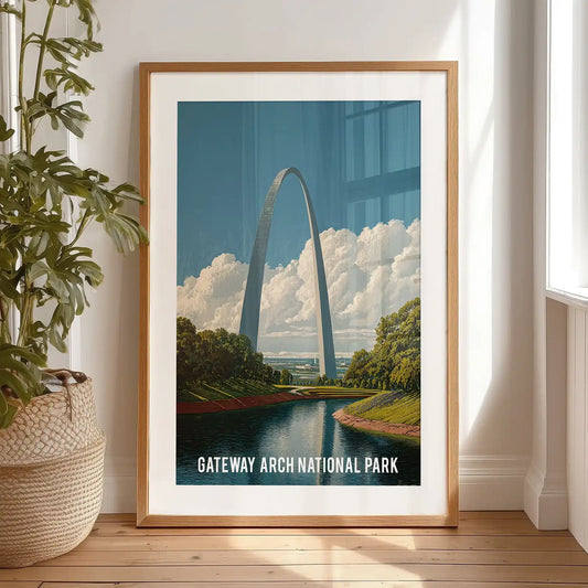 Gateway Arch National Park print wall art with a black mat frame suits a relaxed bedroom vibe, placed on the floor for an easy, lived-in display.