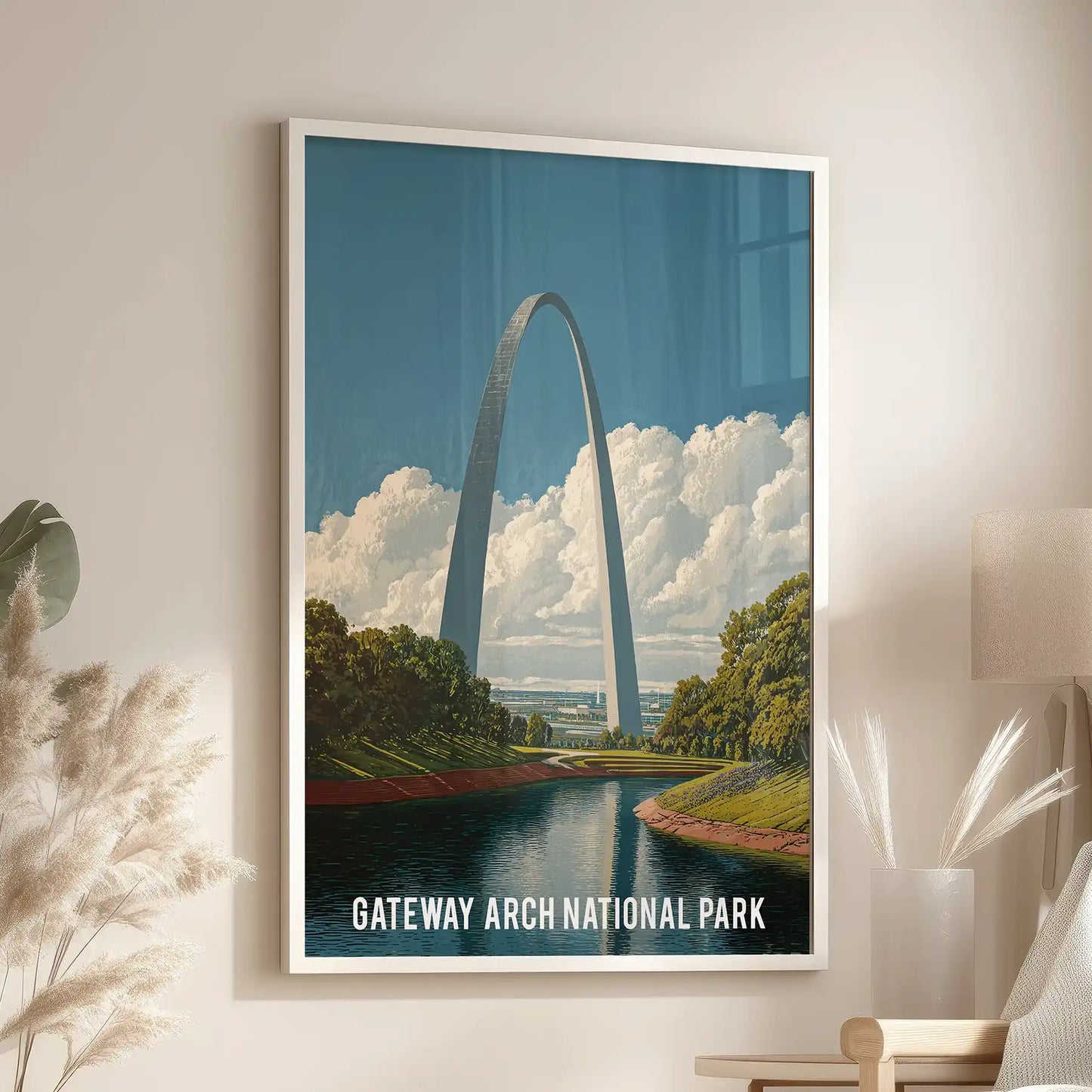 Missouri Gateway Arch travel poster wall art in a crisp white frame brings Americana style to the living room above a lounge seat.