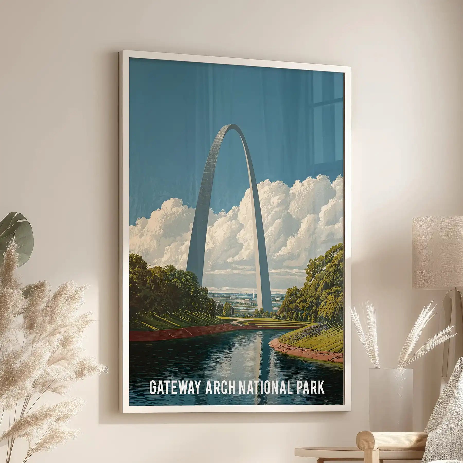 Missouri Gateway Arch travel poster wall art in a crisp white frame brings Americana style to the living room above a lounge seat.