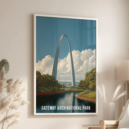 Missouri Gateway Arch travel poster wall art in a crisp white frame brings Americana style to the living room above a lounge seat.