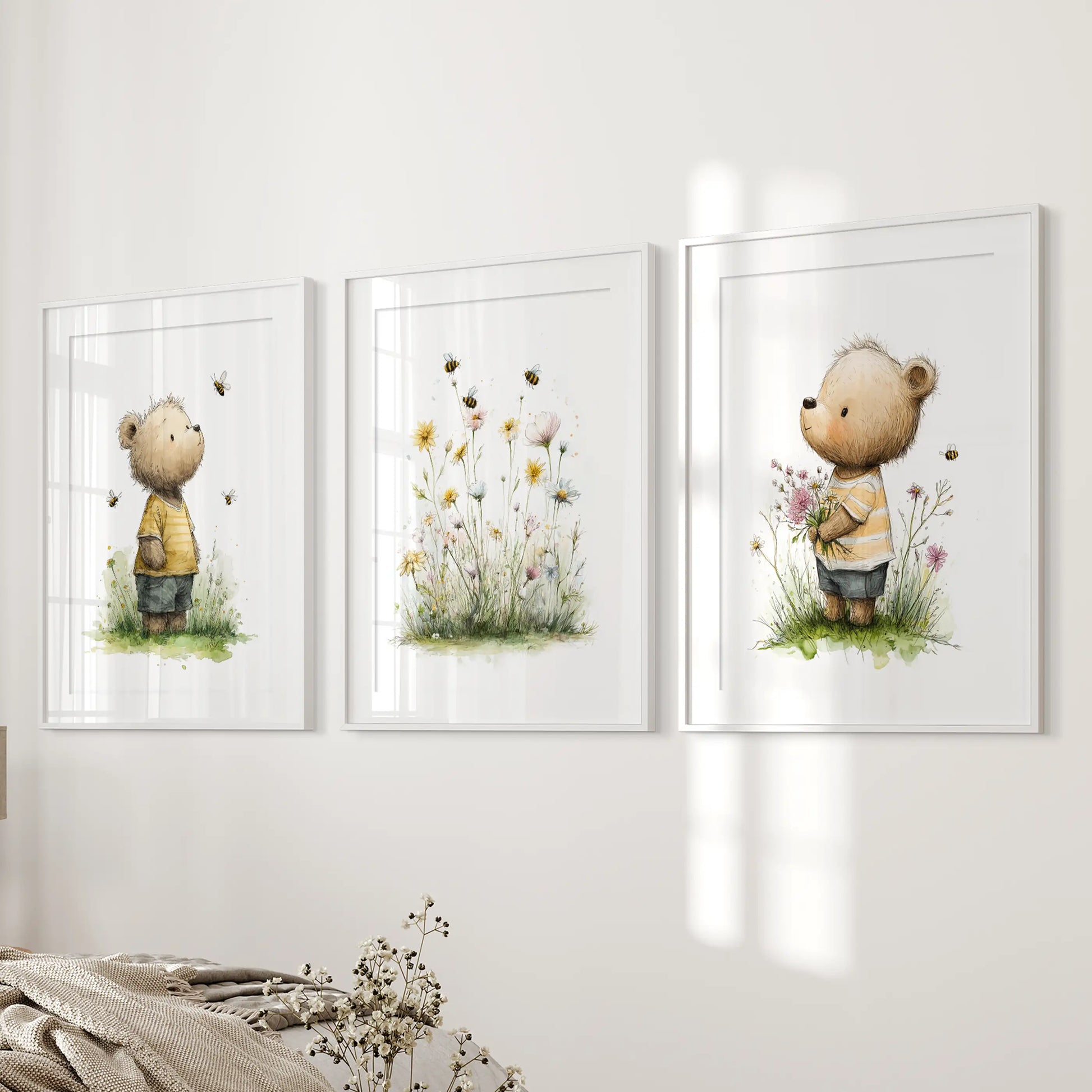 A 3-piece wall art collection of floral baby animals in white matted frames offers gentle color beside the bed for a restful bedroom look.