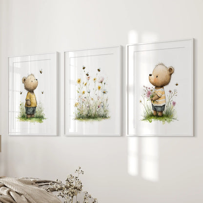 A 3-piece wall art collection of floral baby animals in white matted frames offers gentle color beside the bed for a restful bedroom look.