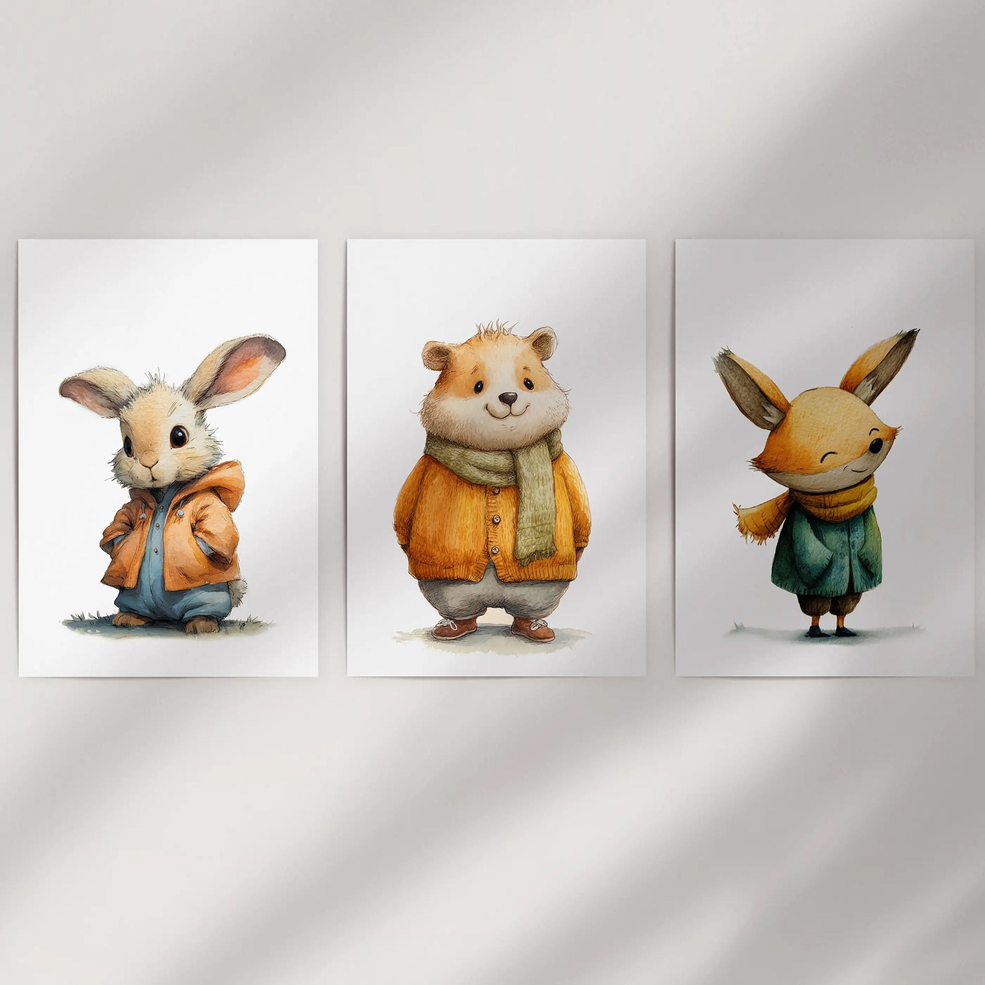 Whimsical animal friends wall art in three pieces-unframed prints-freshen a bare wall, ready to pop into your favorite frames.