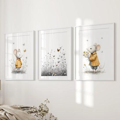 Boho mouse nursery prints, a wall art set of three in white frames with matting, mounted on the bedroom wall beside the bed for a calm, curated look.