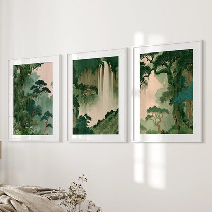 Japanese forest wall art set of three white-framed, matted prints, displayed on the wall beside a bed in a bedroom.