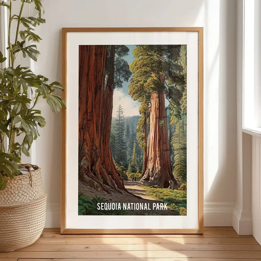 Standalone black-framed artwork of giant sequoias is propped on the bedroom floor, a grounded wall piece revealing rugged bark detail.