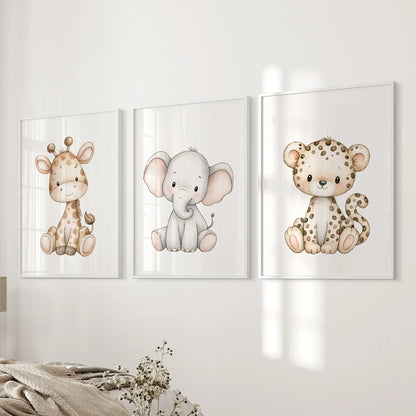 A gray elephant sits between a giraffe and leopard cub in three white-framed prints beside a bed.