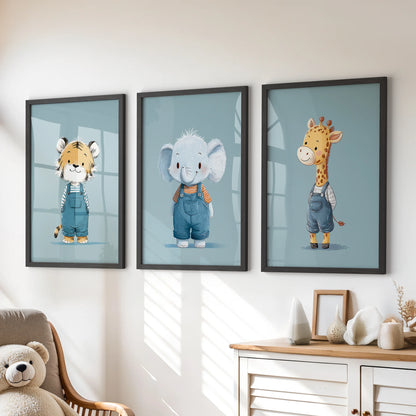 Blue safari animals in a three-piece wall art set, black-framed and styled above a kids room dresser for a cheerful, tidy look.
