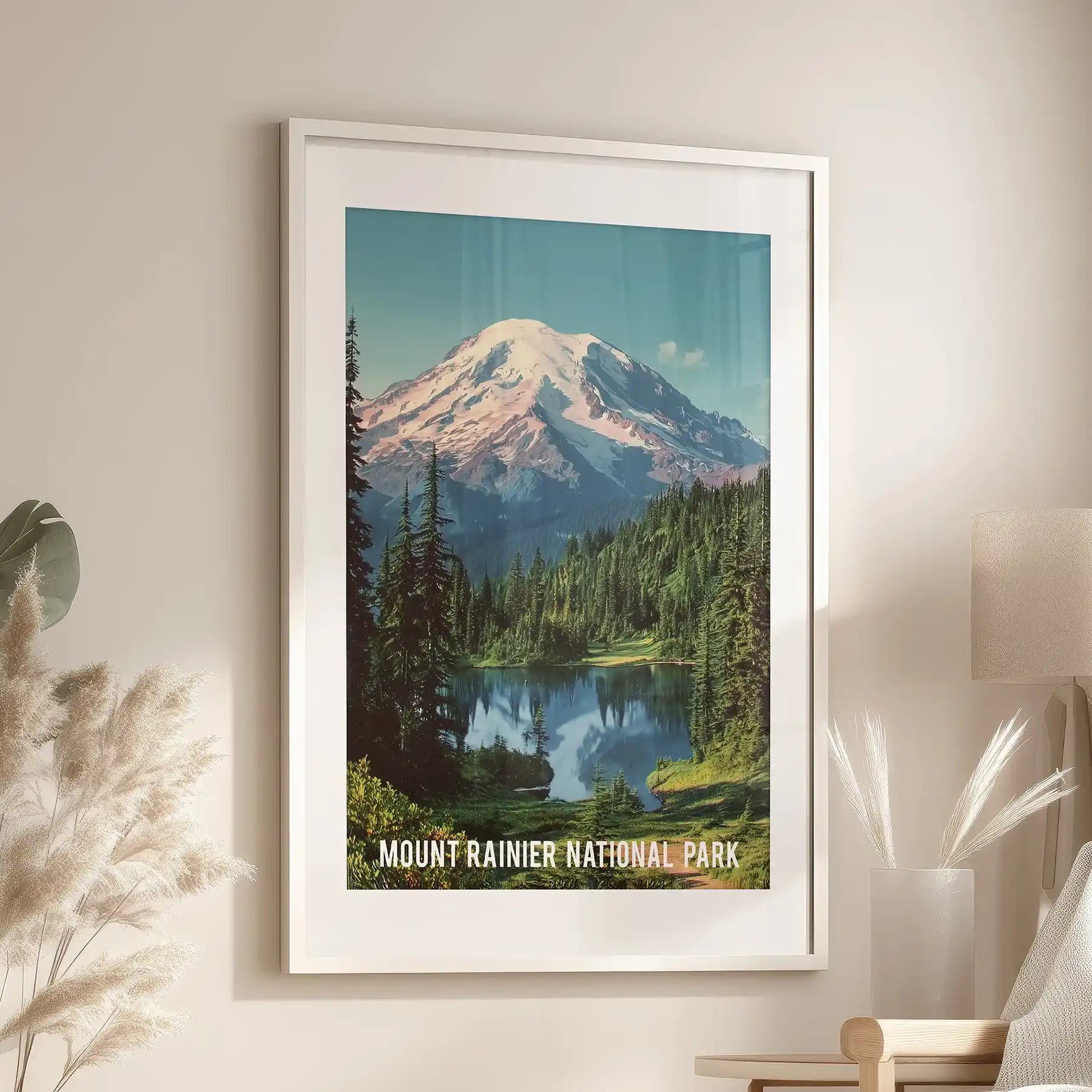 Snow-capped mountain landscape single art print with a white mat frame elevates the lounge, poised above a reading chair for crisp, serene scenery.