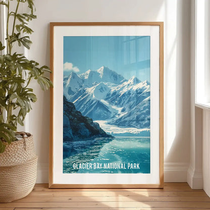 Icy Alaskan mountain range single art piece rests in the bedroom, leaning against the wall as a black framed print with mat.