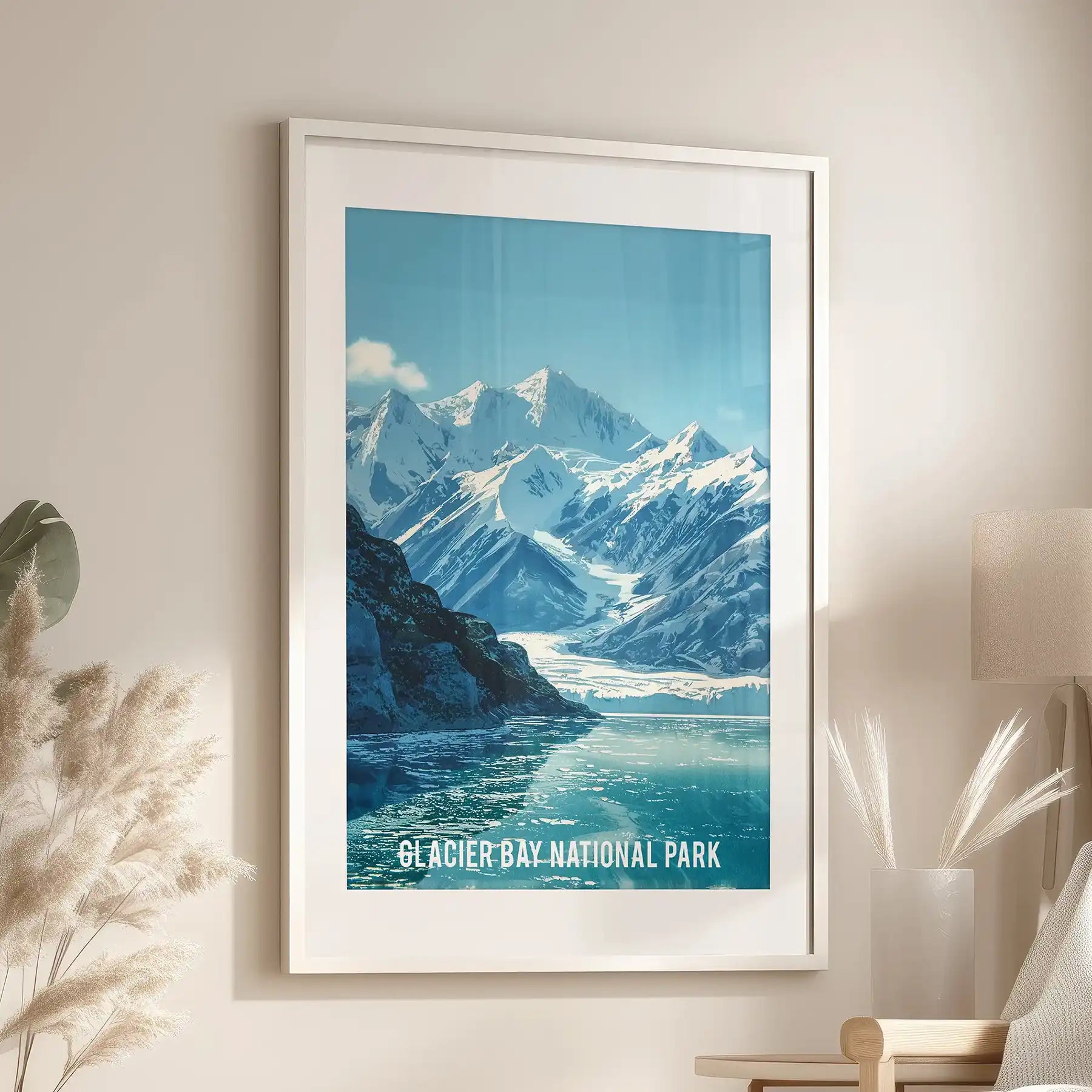 Retro Alaska travel poster decorative art print in a white mat frame suits a family room, styled over an armchair with clean, vintage flair.