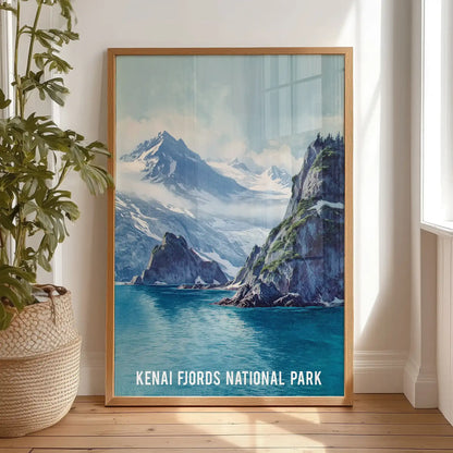 A vintage Kenai Fjords travel print leans casually on the bedroom floor, its light wood frame warming the scene near the dresser.