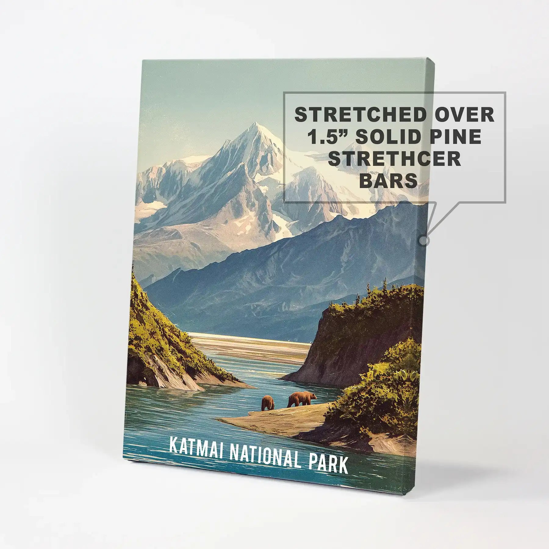 Glacier-capped mountains statement poster on wrapped canvas, a sleek wall piece that amplifies blue-and-white Alaska light and rugged National Park vistas.