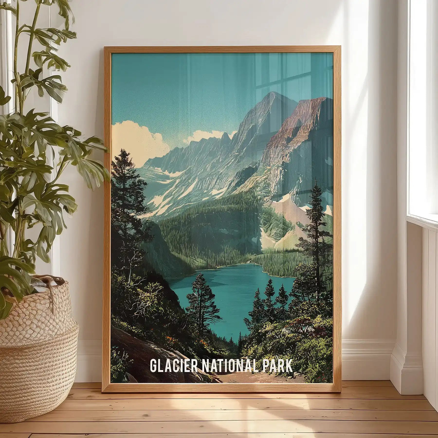 Thin-wood-framed art print of evergreen lake scenery rests on the bedroom floor, spreading tranquil greens and mountain silhouettes within reach.