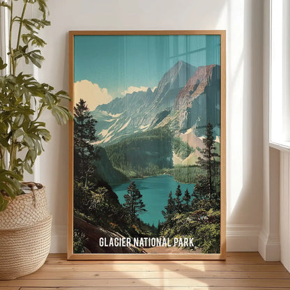 Thin-wood-framed art print of evergreen lake scenery rests on the bedroom floor, spreading tranquil greens and mountain silhouettes within reach.