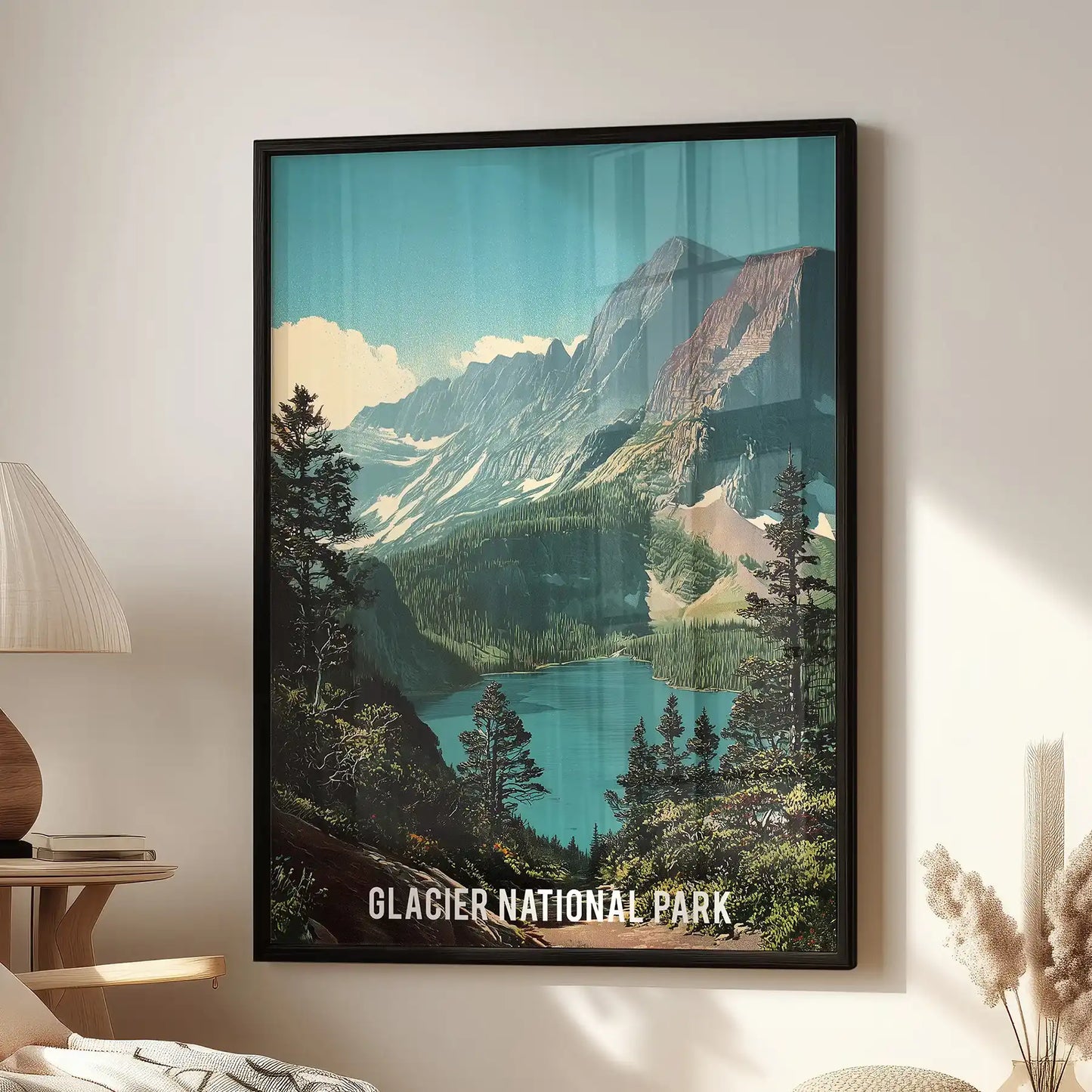 Glacier National Park alpine lake and mountains, single panel poster placed over the seating area as a black framed print in the sitting room, bringing cool green tones.