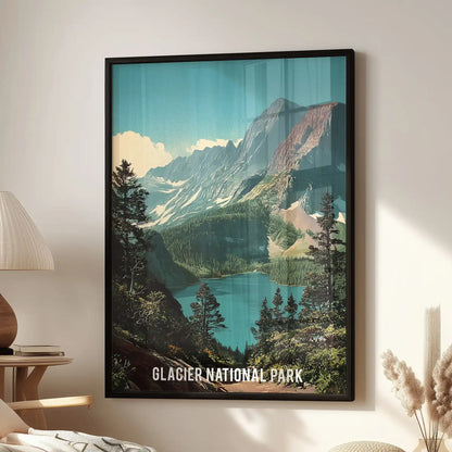 Glacier National Park alpine lake and mountains, single panel poster placed over the seating area as a black framed print in the sitting room, bringing cool green tones.